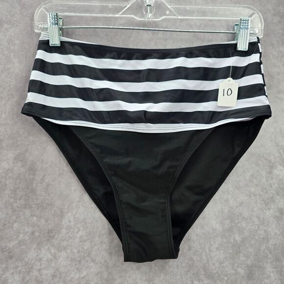 Black White Stripe Bikini High Waisted Bottom Swimwear Medium - Picture 1 of 3